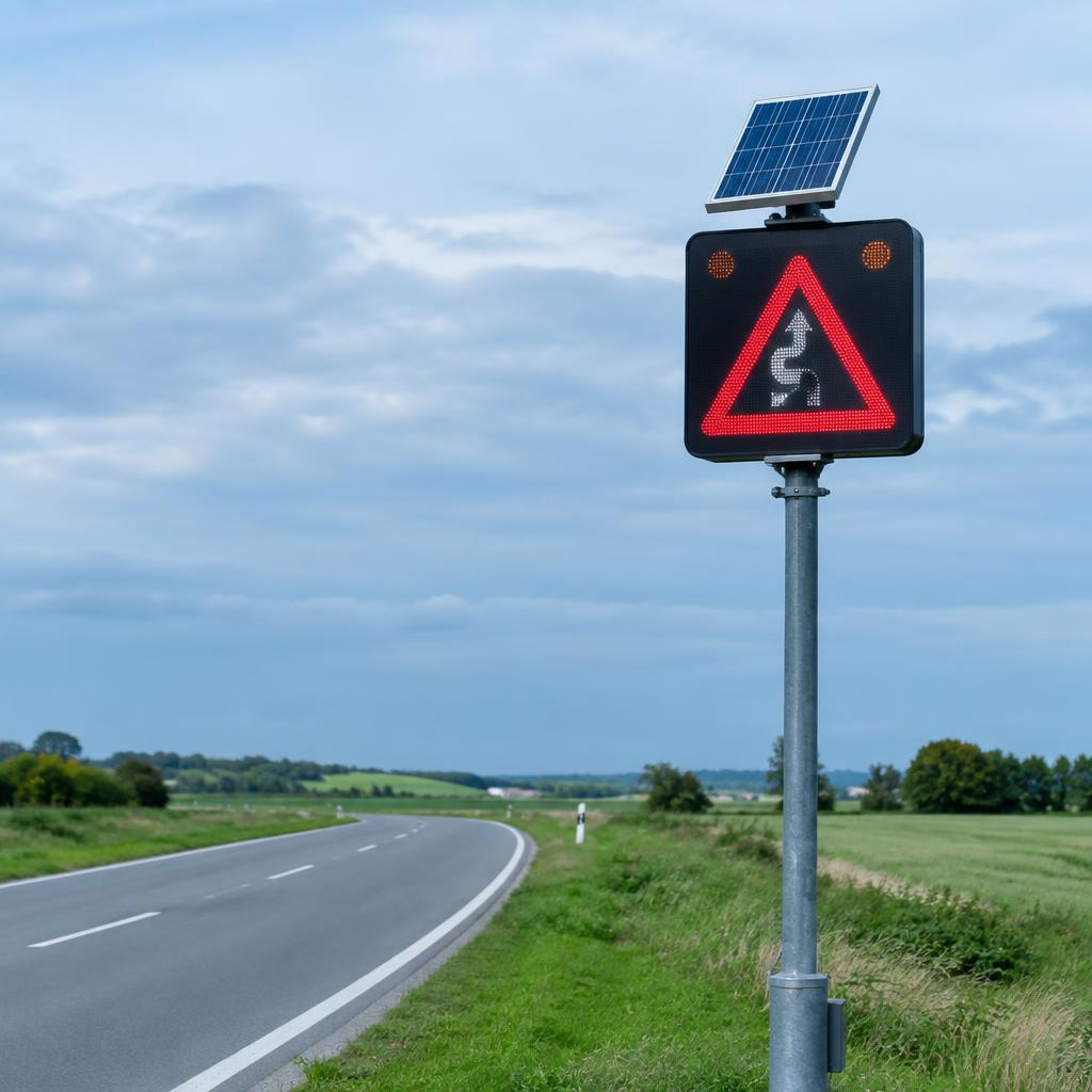 Saulės energija maitinamas kelio ženklas